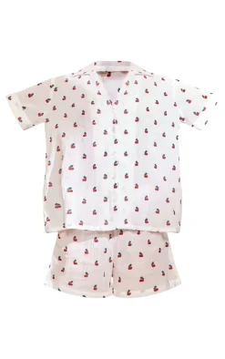White Cherry Print Crinkle Short Sleeve Pj Set