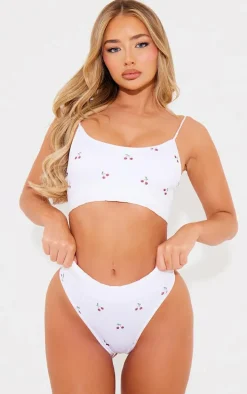 White Cherry Print Ribbed Thong