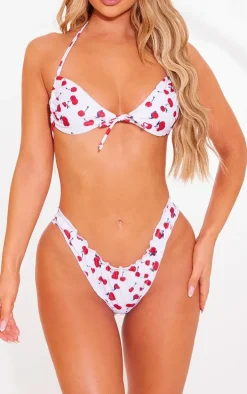 White Cherry Print Ruched High Leg Bikini Bottoms
