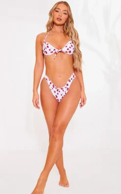 White Cherry Print Ruched High Leg Bikini Bottoms