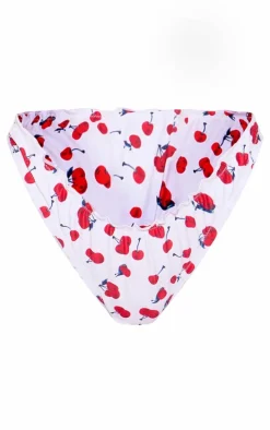 White Cherry Print Ruched High Leg Bikini Bottoms