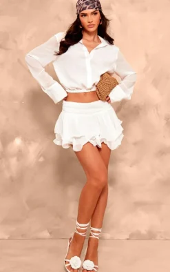 White Chiffon Elastic Waist Long Sleeve Shirt