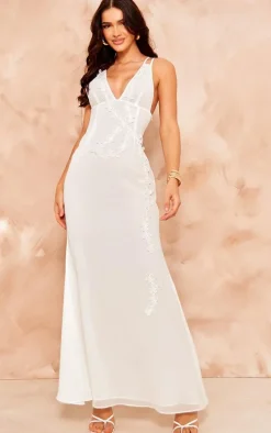 White Chiffon Floral Detail Maxi Dress