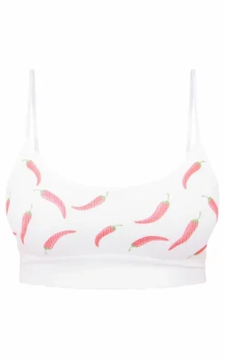 White Chilli Print Ribbed Scoop Neck Bralette