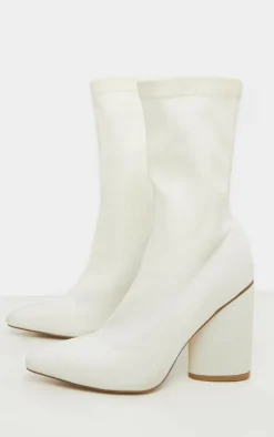 White Chunky Block Heel Sock Boot
