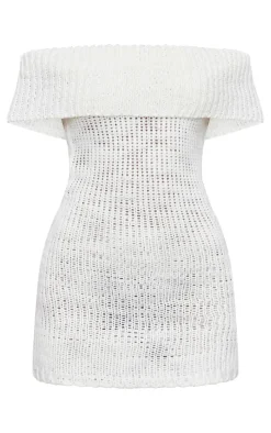 White Chunky Knit Foldover Bandeau Mini Dress