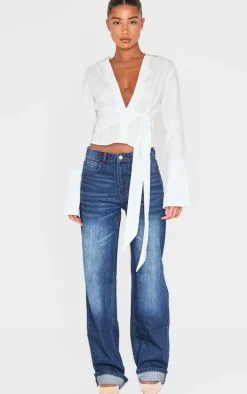 White Cinched Tie Waist Shirt