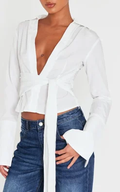 White Cinched Tie Waist Shirt
