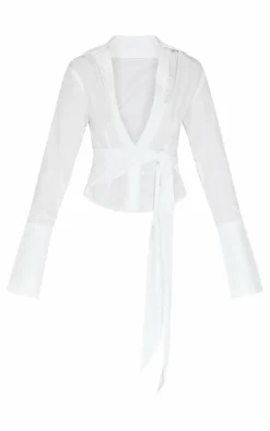 White Cinched Tie Waist Shirt