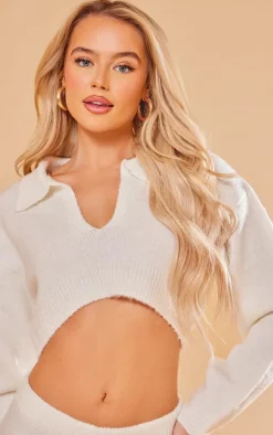 White Collared Crop Knit Sweater