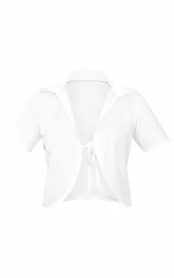 White Collared Tie Front Short Sleeve Top