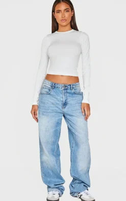 White Contour Pointelle Crew Neck Long Sleeve Top