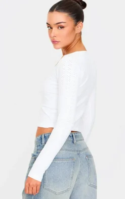 White Contour Pointelle Square Neck Long Sleeve Top