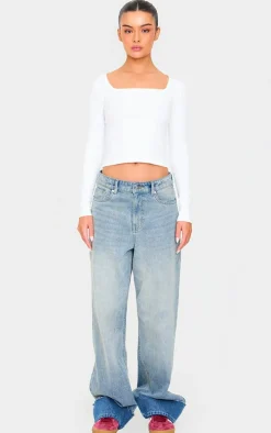 White Contour Pointelle Square Neck Long Sleeve Top