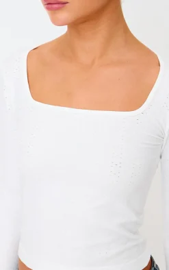 White Contour Pointelle Square Neck Long Sleeve Top