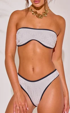 White Contrast Binding Flower Towelling High Leg Bikini Bottoms