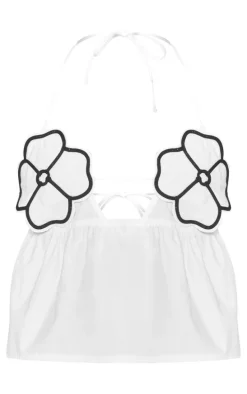 White Contrast Flower Bust Strappy Peplum Crop Top