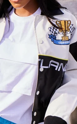 White Contrast Panel Racer Graphic Faux Leather Bomber Jacket