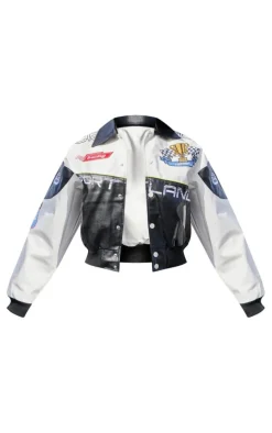 White Contrast Panel Racer Graphic Faux Leather Bomber Jacket