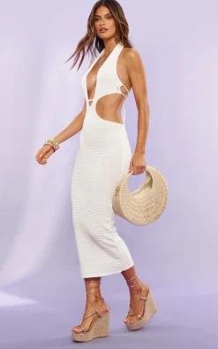 White Contrast Stitch Crochet Knit Maxi Dress