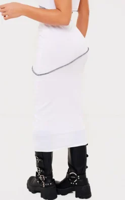 White Contrast Stitch Low Rise Midi Skirt