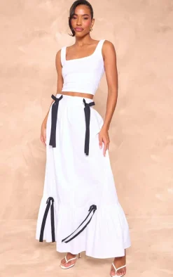 White Cotton Poplin Bow Detail Maxi Skirt