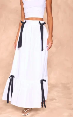 White Cotton Poplin Bow Detail Maxi Skirt