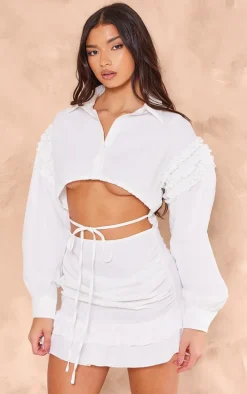 White Cotton Poplin Cut Out Frill Shirt Dress