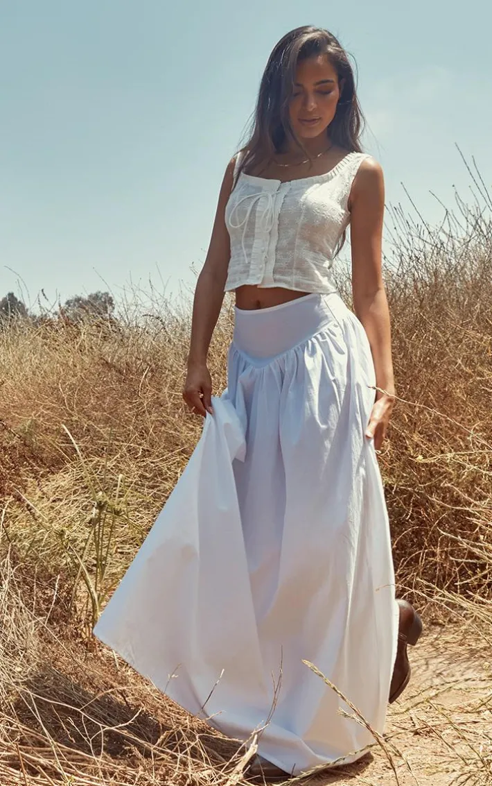 White Cotton Poplin Dip Waistband Maxi Skirt