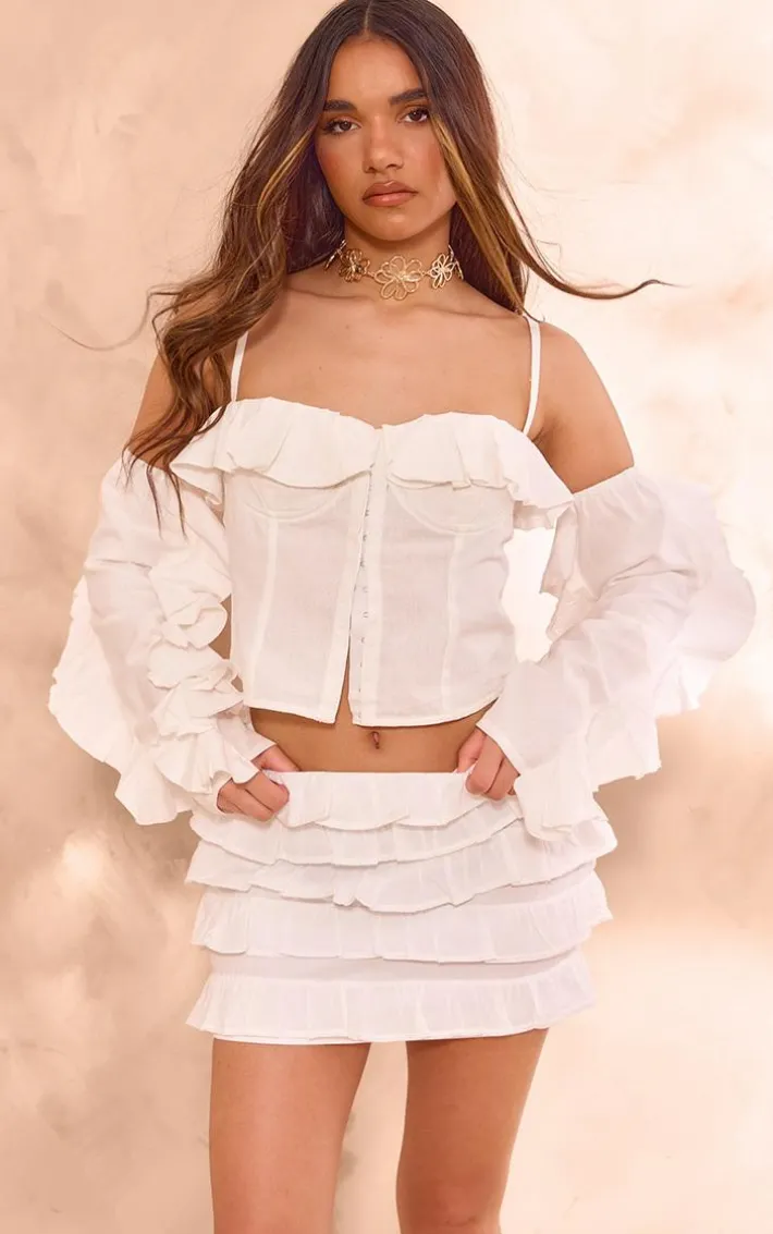 White Cotton Poplin Multi Tiered Mini Skirt