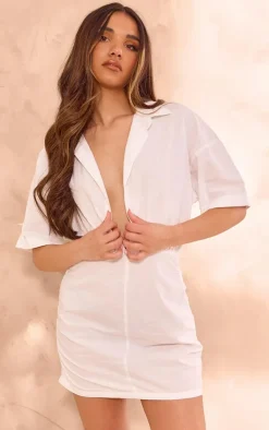 White Cotton Poplin Ruched Shirt Dress