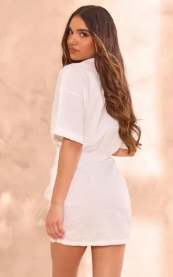 White Cotton Poplin Ruched Shirt Dress