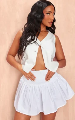White Cotton Poplin Shirred Waist Mini Skirt