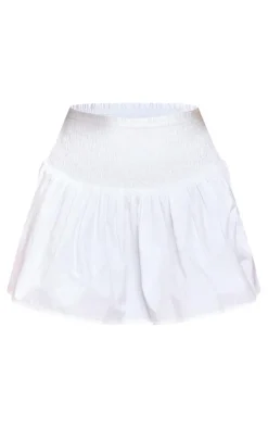 White Cotton Poplin Shirred Waist Mini Skirt