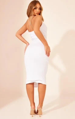 White Crinkle Texture Ruched Cowl Neck Midi Dress