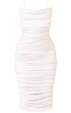 White Crinkle Texture Ruched Cowl Neck Midi Dress