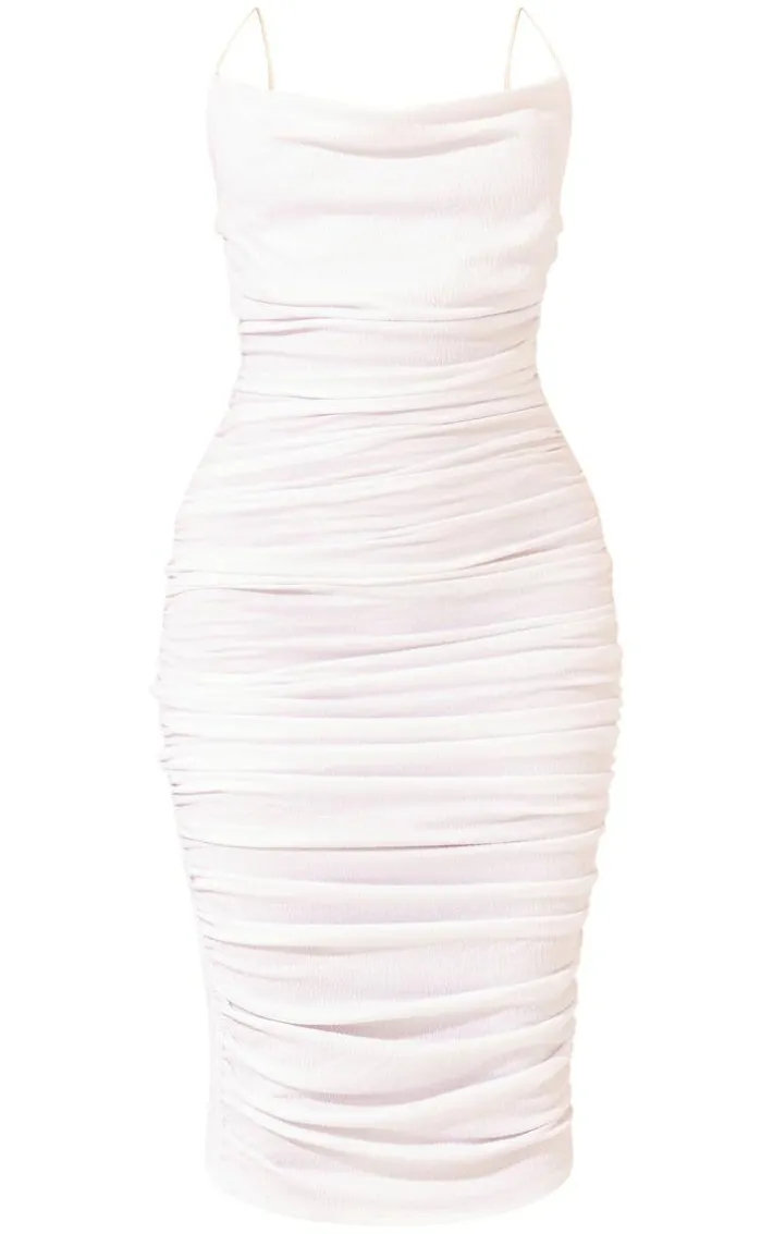 White Crinkle Texture Ruched Cowl Neck Midi Dress