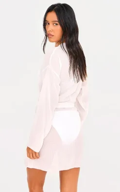 White Crinkle Textured Short Beach Kimono