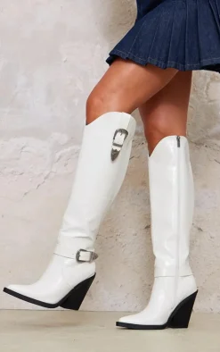 White Croc PU Point Toe High Block Heel Knee High Western Boots