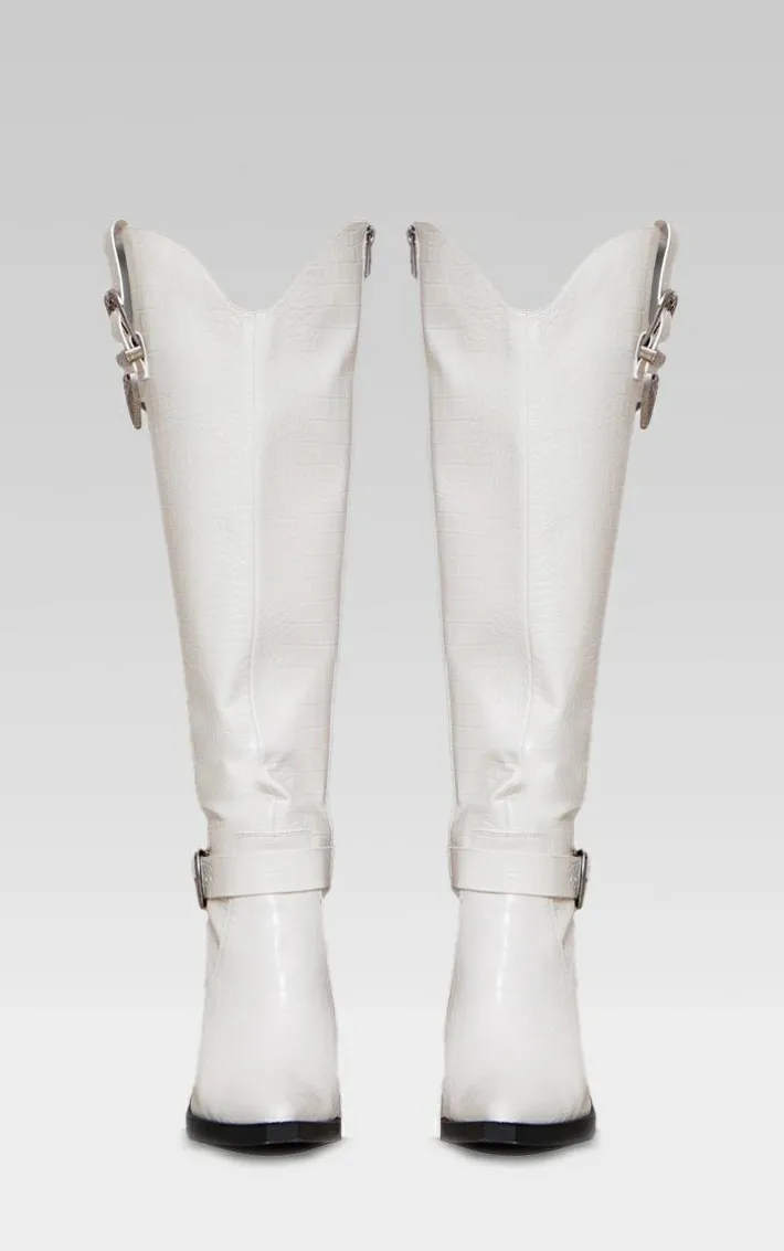 White Croc PU Point Toe High Block Heel Knee High Western Boots