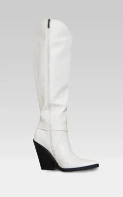 White Croc PU Point Toe High Block Heel Knee High Western Boots