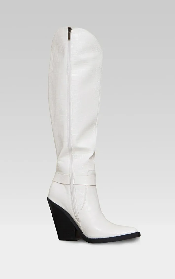 White Croc PU Point Toe High Block Heel Knee High Western Boots