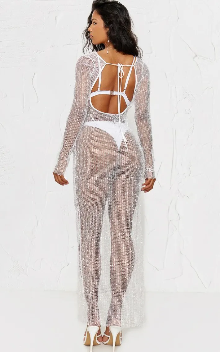 White Crochet Knit Backless Maxi Beach Dress