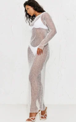 White Crochet Knit Backless Maxi Beach Dress