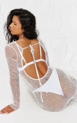 White Crochet Knit Backless Maxi Beach Dress