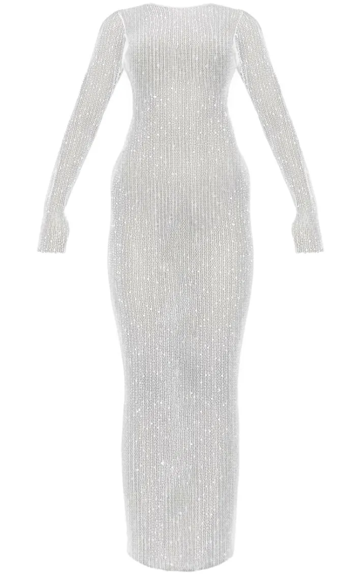 White Crochet Knit Backless Maxi Beach Dress