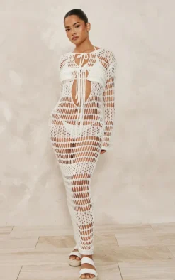 White Crochet Knit Front Tie Long Sleeve Cardi