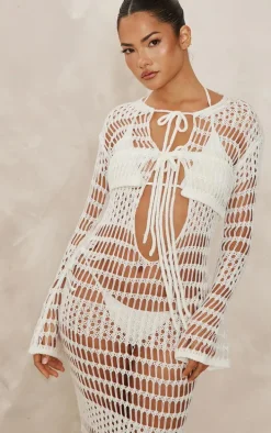 White Crochet Knit Front Tie Long Sleeve Cardi