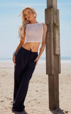 White Crochet Knit Open Back Racer Top