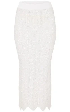 White Crochet Wave Knit Scallop Hem Maxi Skirt